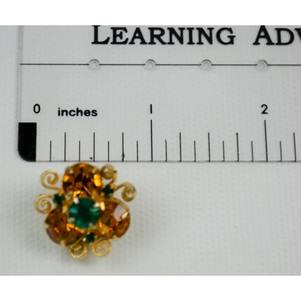 Vintage Gold Tone Metal Clip On Earrings Beautiful Orange &‎ Green Rhinestones
